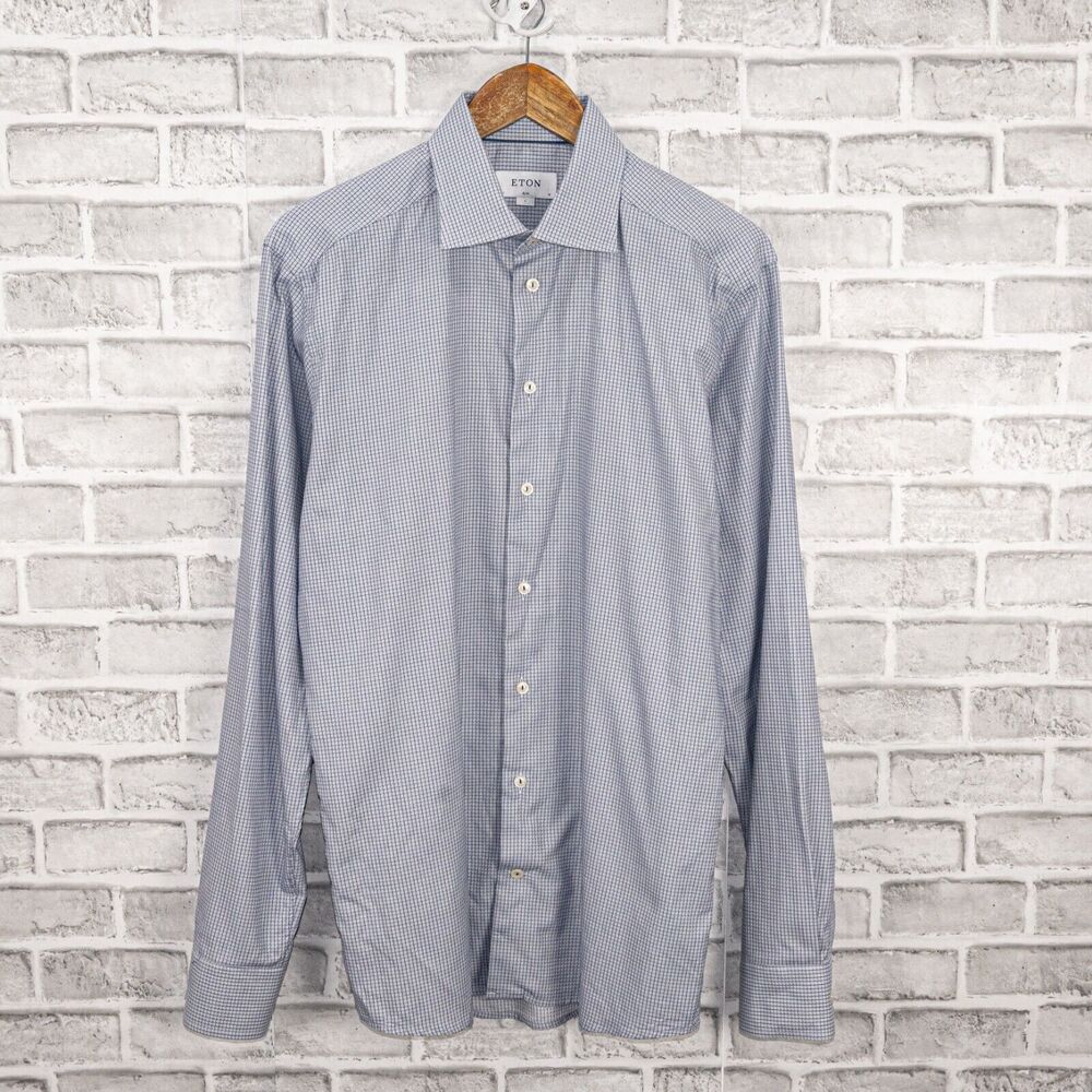 ETON Slim fit Button up Shirt in Blue grid check Cotton size Large
